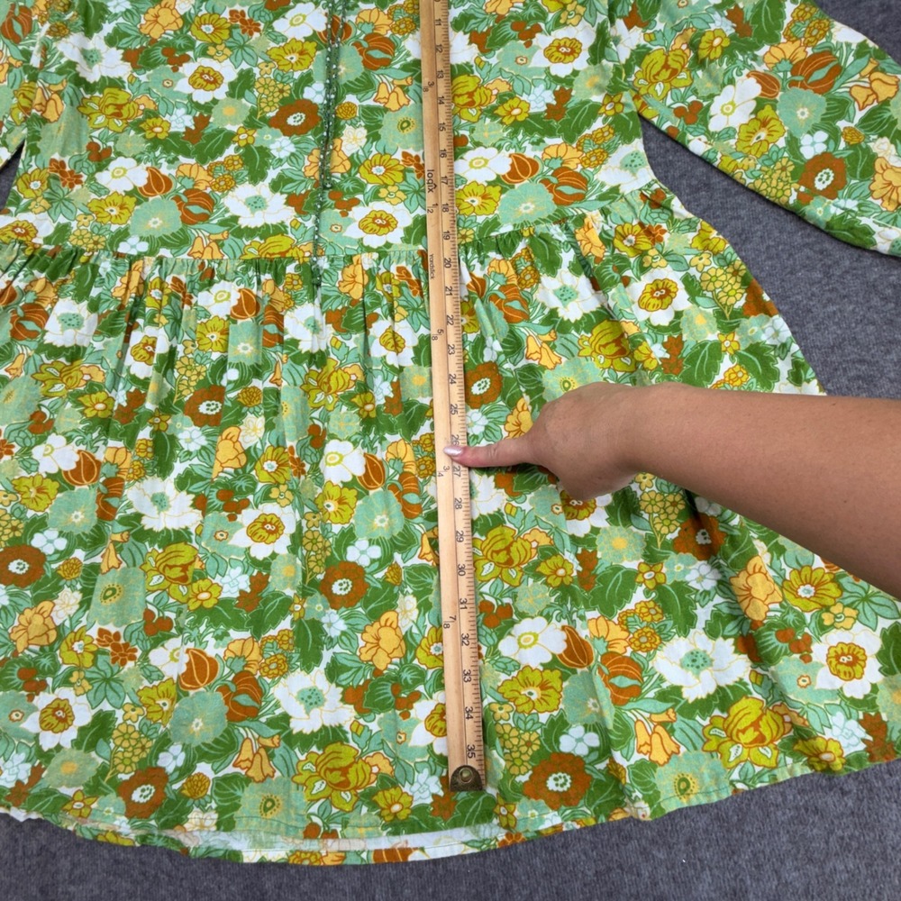 D'Ascoli Green Floral Cotton Hand Woven Mini Dress Womens Medium Boho Tassel Tie - Picture 4 of 9